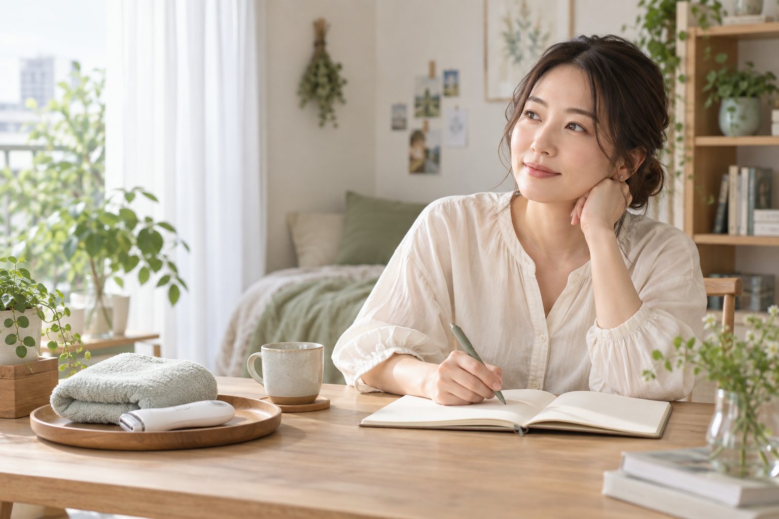自宅の机で相談したいことをノートに整理する女性。AIで作成した暮らしのイメージ。